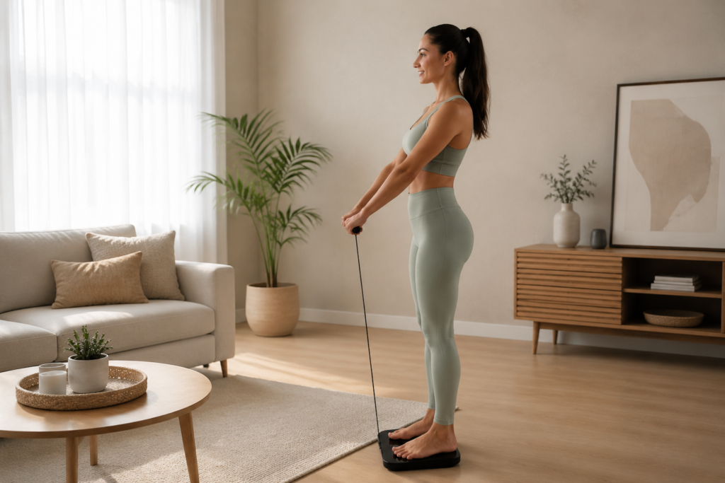 woman weighing herself in a Hume Body Pod