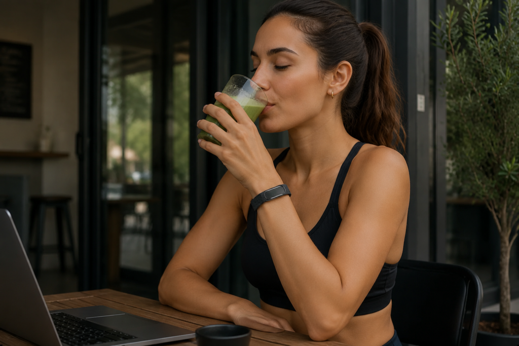 women using hume band 2.0 drinking matcha