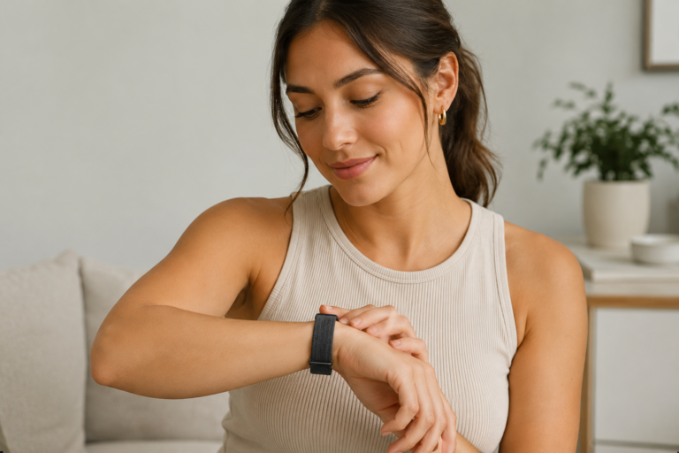 Hume Band worn on wrist showing wellness tracker display